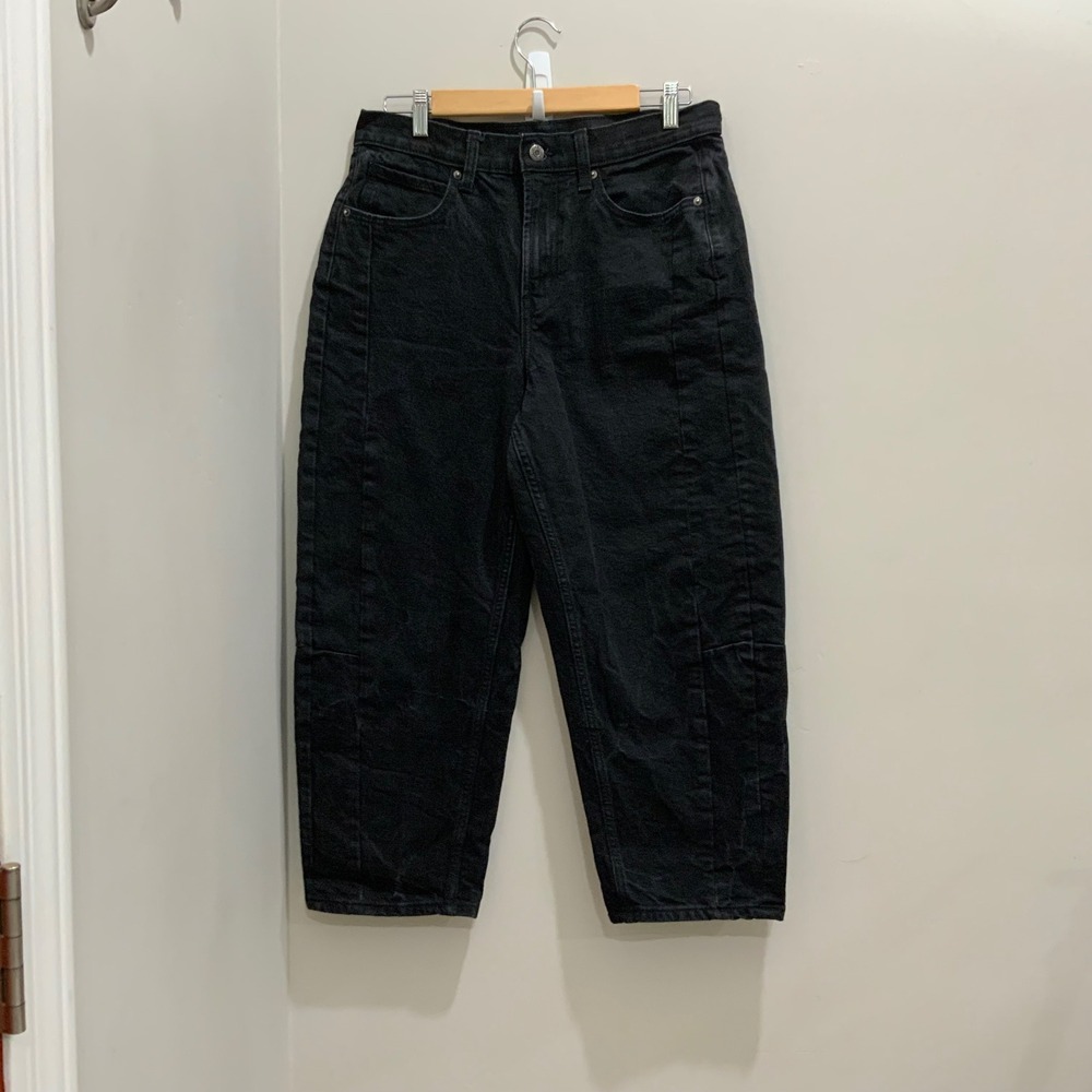 Old Navy Womens 12 Black High Rise Barrel Leg Jeans Seam Front Cropped Denim